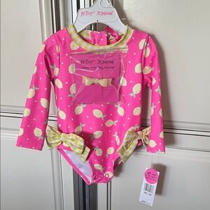 Pink Lemon Print Baby Swimsuit with hairclip for UPF 50